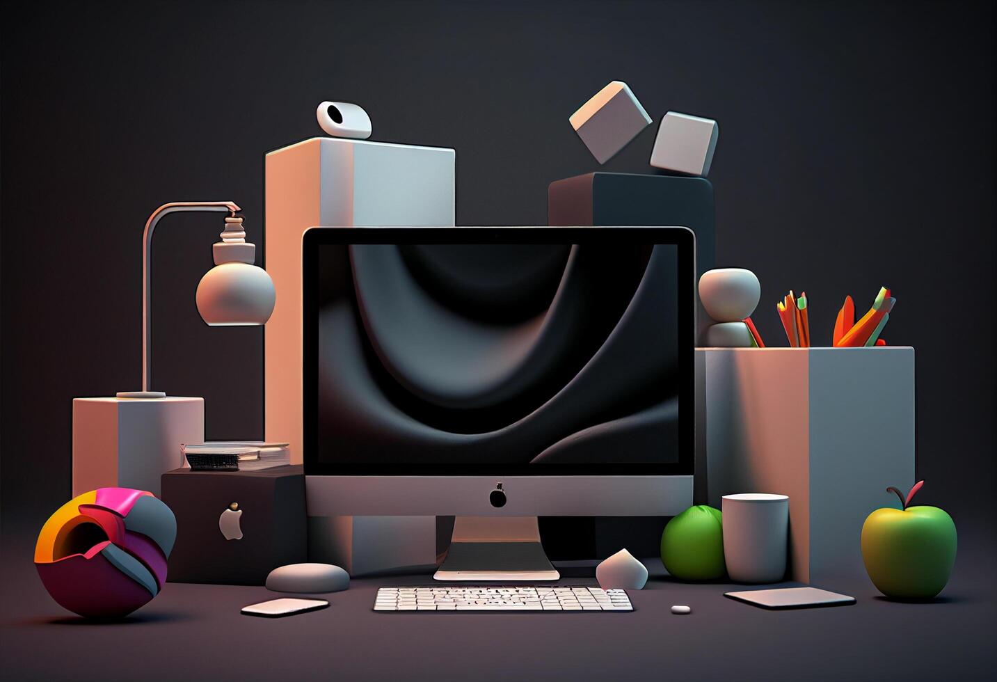 Modern workspace with computer and office supplies, 3d illustration. photo