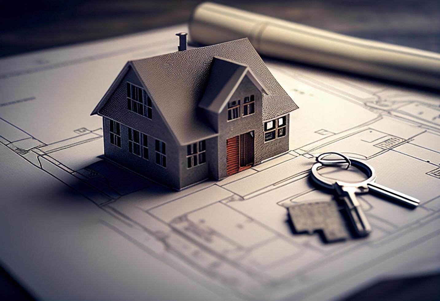 House model and keys on architectural blueprints. Real estate concept