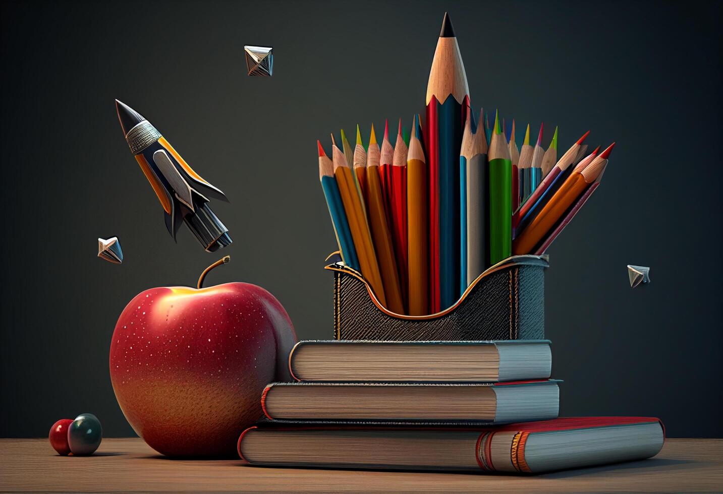 Back to school concept. Stack of books, pencils, apple and rocket. 3d illustration photo