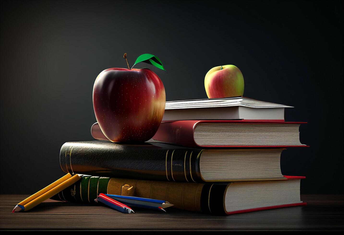 Back to school concept. Stack of books, pencils, apple and rocket. 3d illustration photo