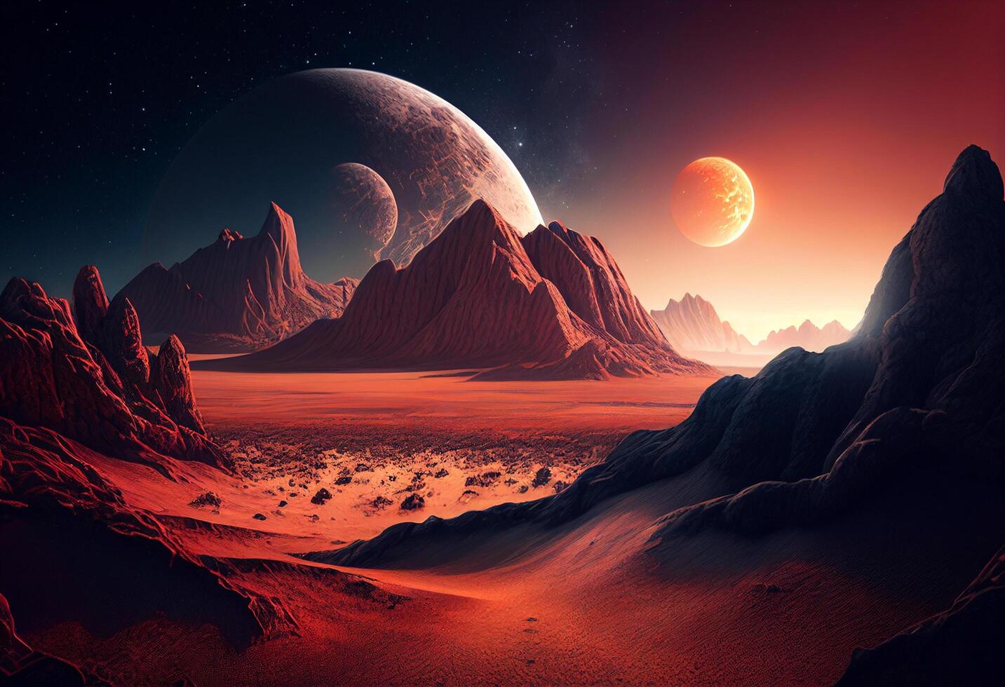 Fantasy alien planet. Mountain and lake. 3D illustration. photo