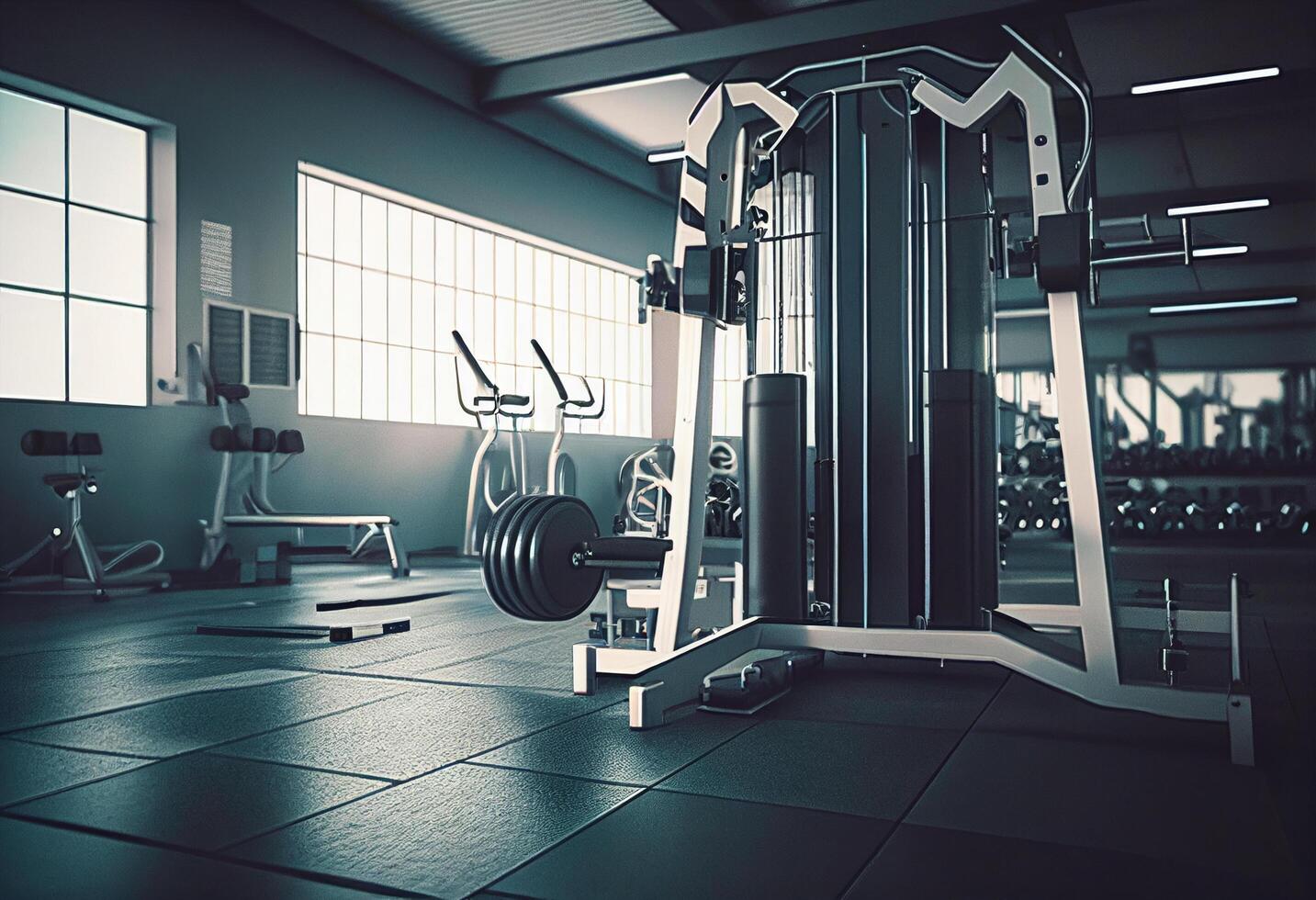 Treadmill in modern gym. Toned image. 3D Rendering photo