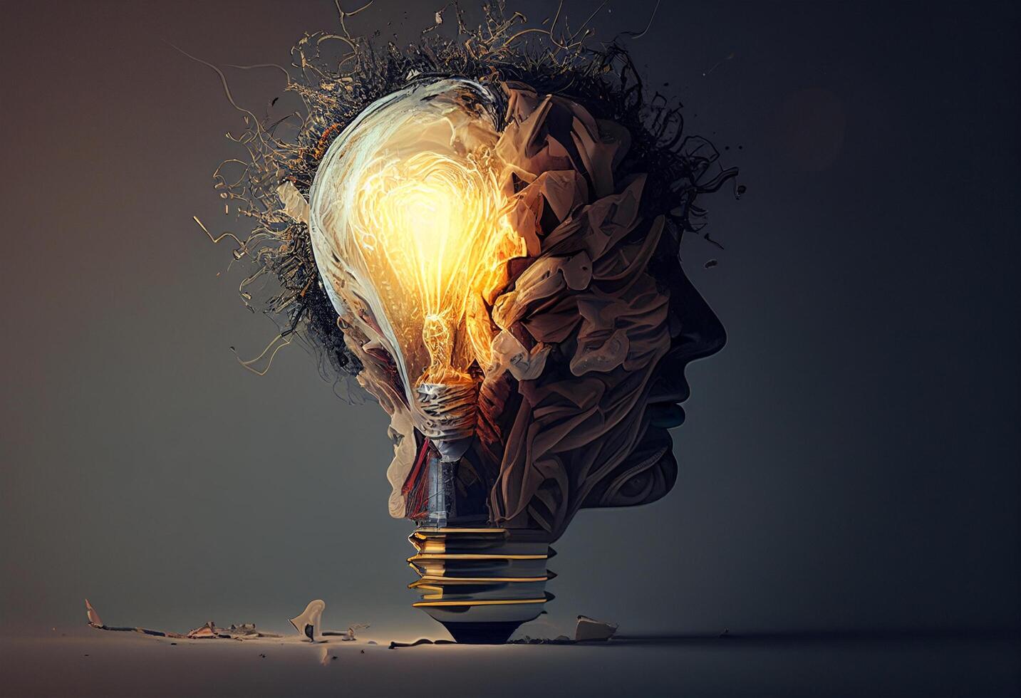 Conceptual image of human head with glowing light bulb instead of head photo