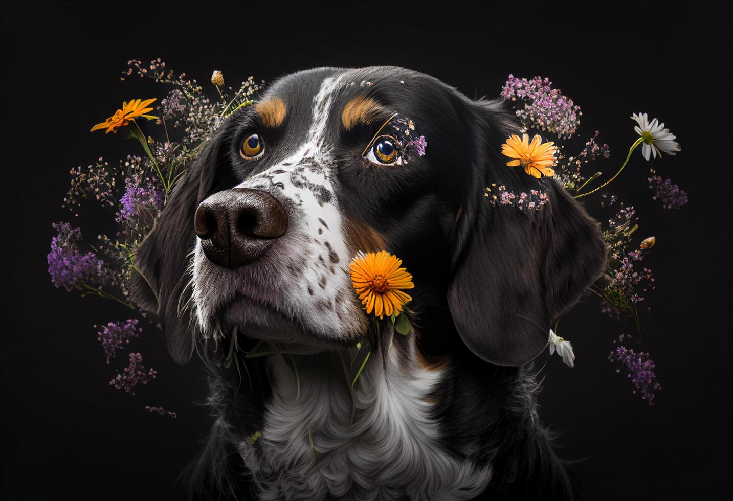 Portrait of a beautiful dog with a bouquet of flowers on a black background photo