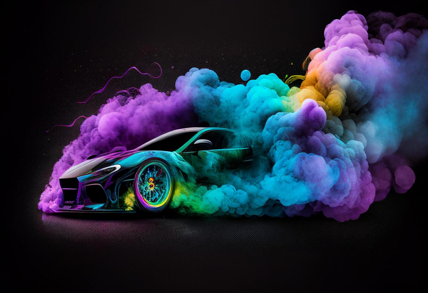 3D rendering of a sports car with colorful smoke on a black background photo