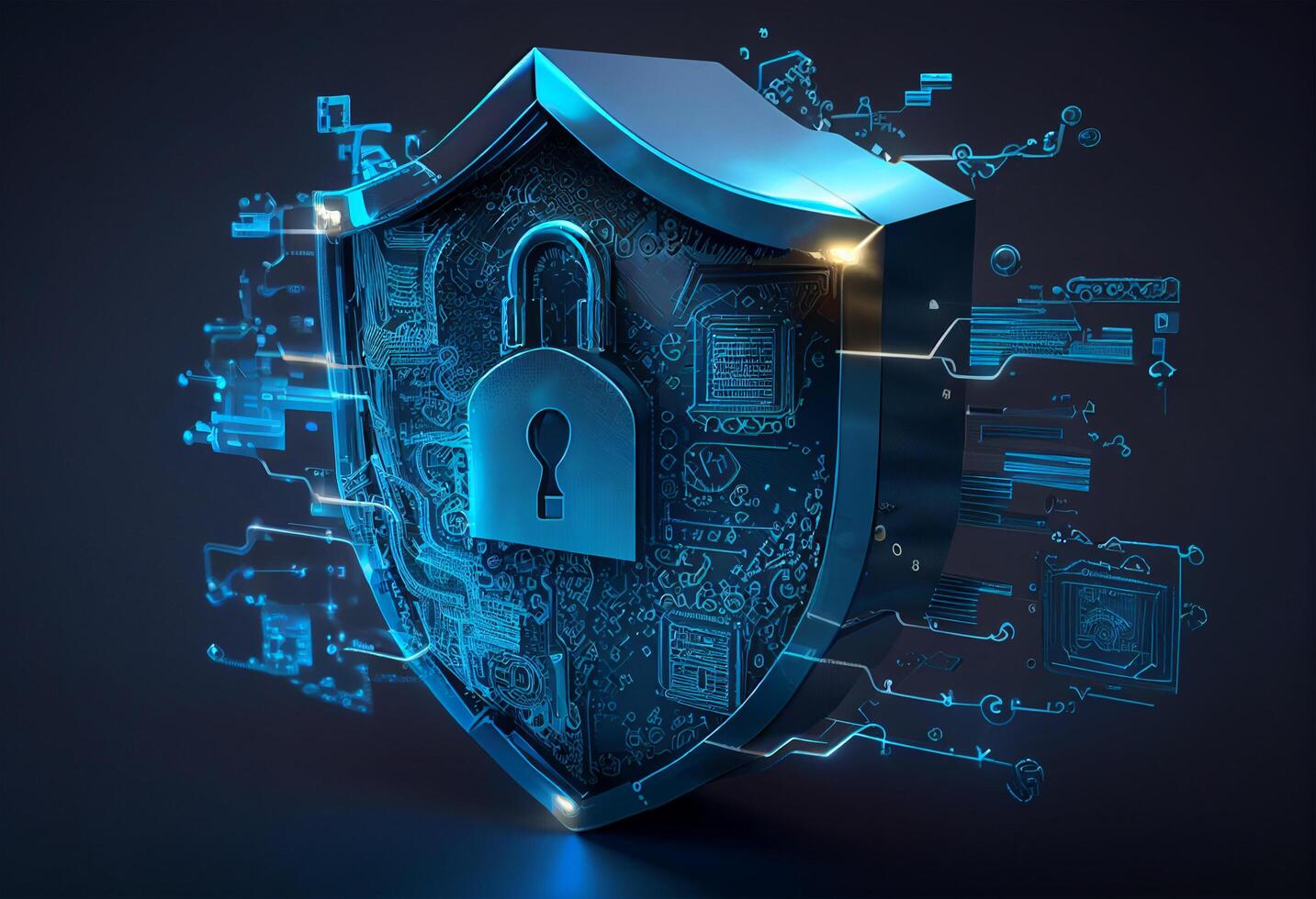 Cyber security concept with padlock on blue background. 3D rendering photo
