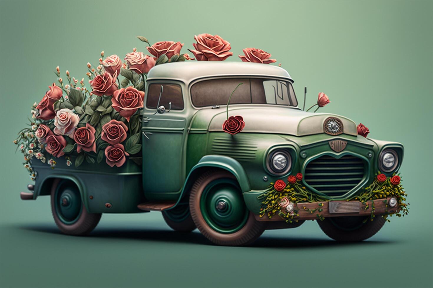 Vintage truck with flowers on isolated background. 3D rendering. photo