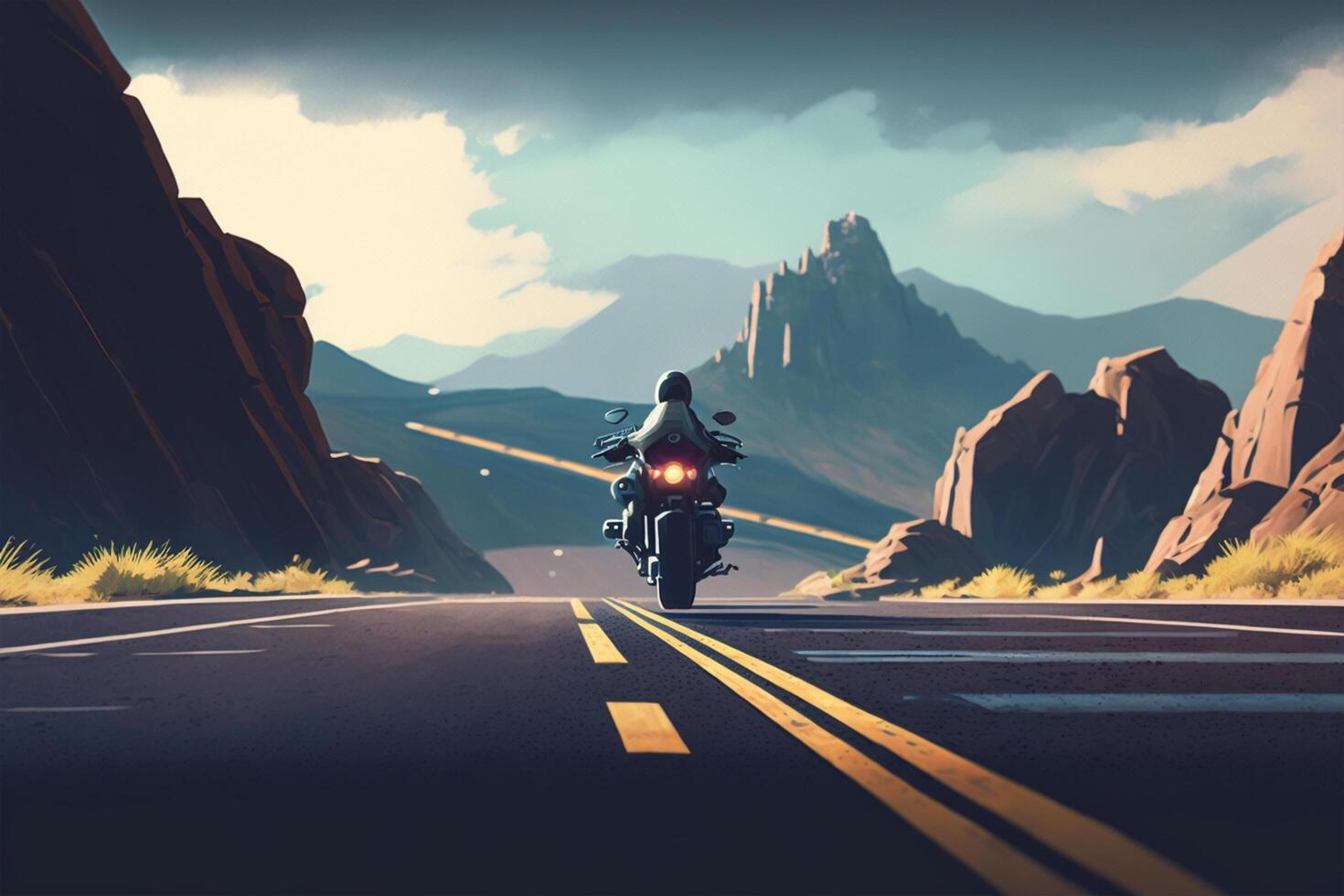 Motorcycle rider on the road in the mountains at sunset time. photo