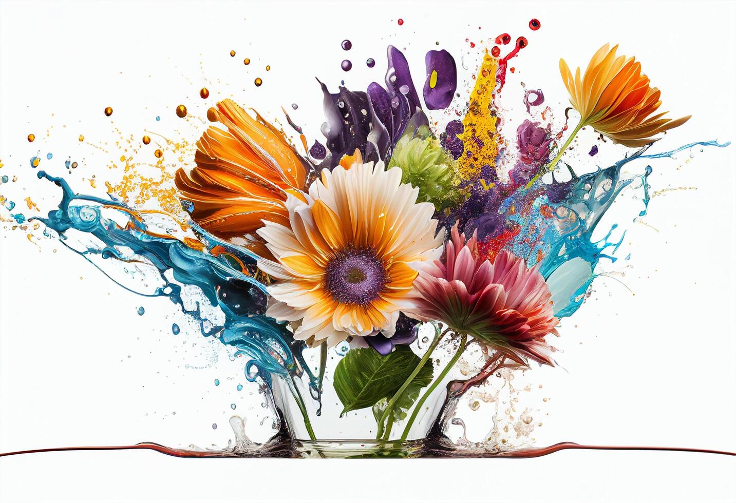 Colorful flowers in water isolated on white background. Watercolor painting photo