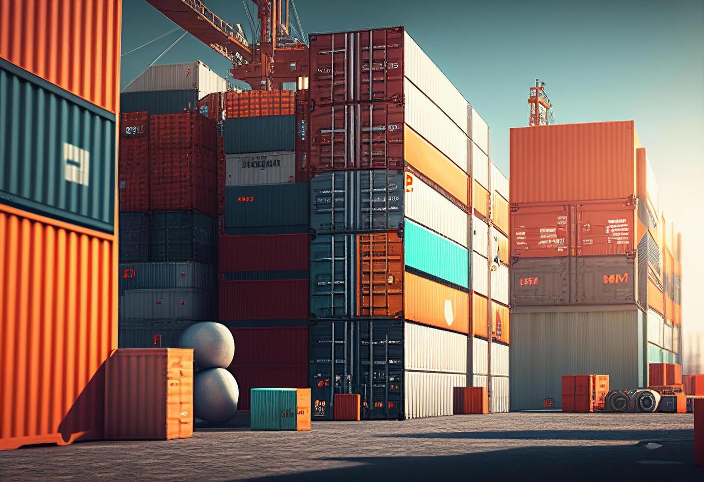 Containers and cranes at the docks. 3D Rendering photo