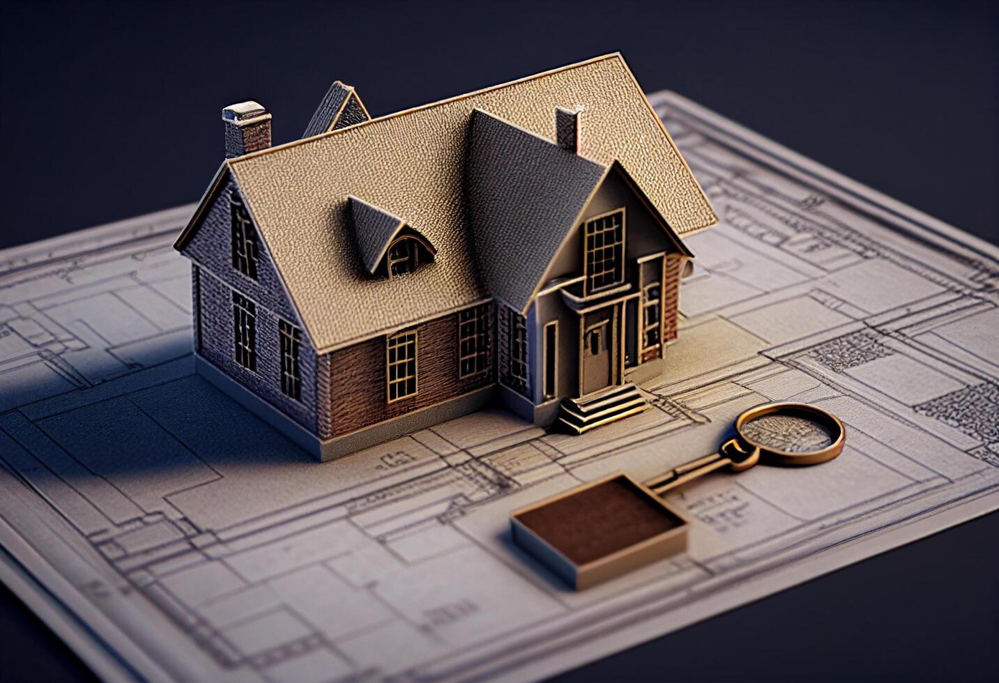 House model and keys on architectural blueprints. Real estate concept. photo