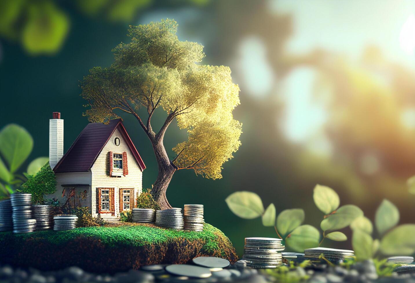 House with a tree growing out of a pile of coins. 3D rendering photo