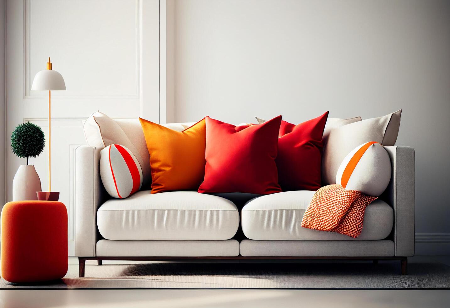 Interior of modern living room with white sofa and orange pillows photo