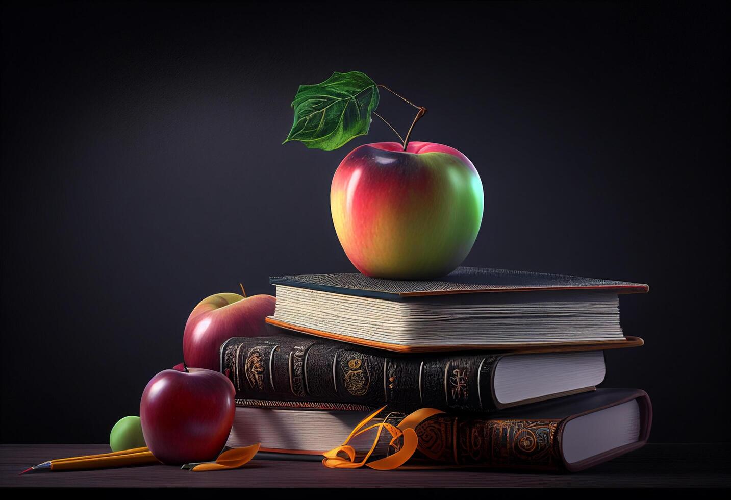 Back to school concept. Stack of books, pencils, apple and rocket. 3d illustration photo