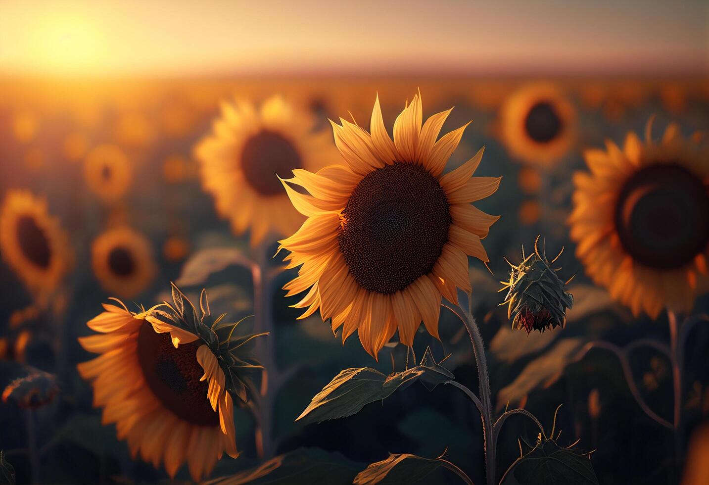 girasol campo a puesta de sol. hermosa paisaje con girasoles generativo ai foto