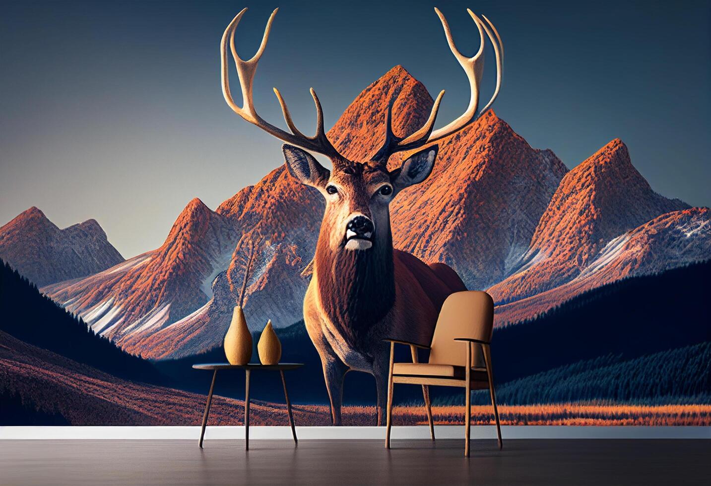 Deer sitting on with mountains in the background photo