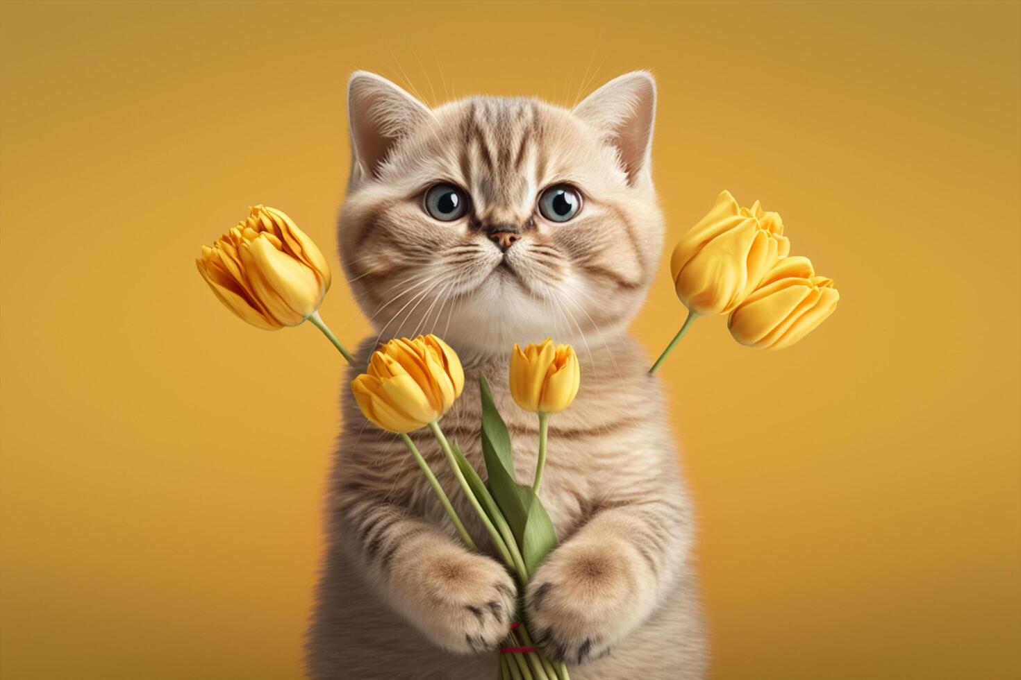 Cute kitten with a bouquet of yellow tulips on a green background. photo