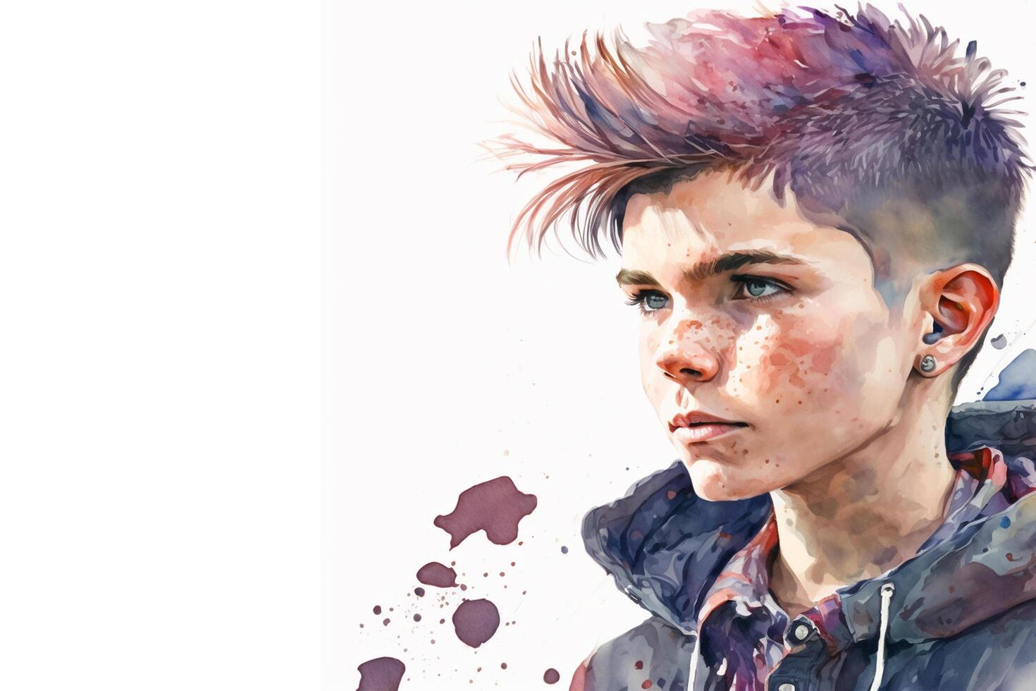 Digital painting of a young man with paint splashes on his face photo