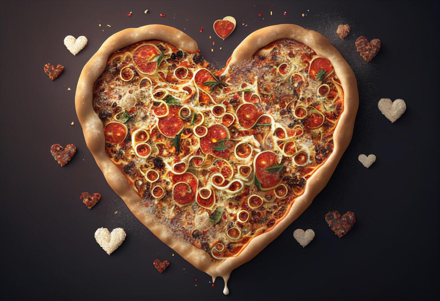 Heart shaped pizza with pepperoni, salami and mozzarella on dark background photo