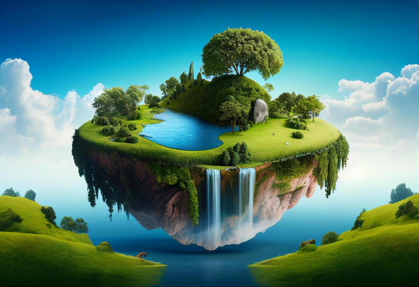 Fantasy island with waterfalls. 3d illustration. Elements of this image furnished by NASA photo