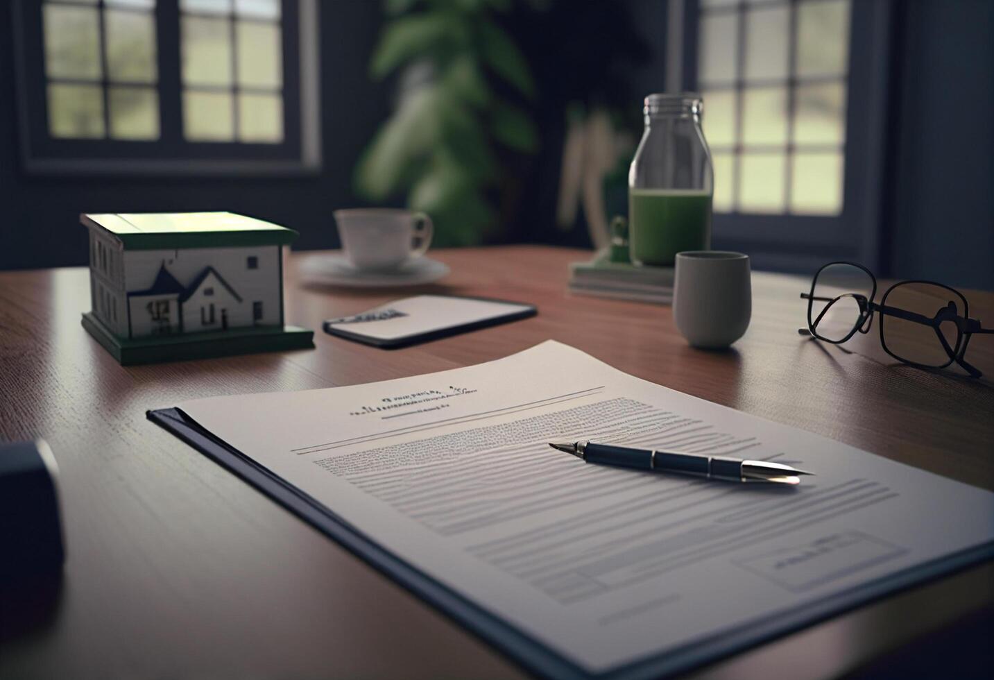 Real estate agent working with house model on wooden desk in office. photo