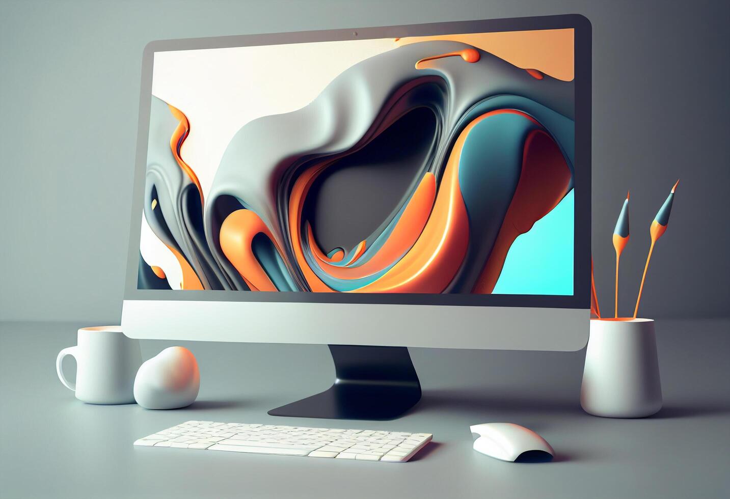 moderno espacio de trabajo con computadora y oficina suministros, 3d ilustración. generativo ai foto