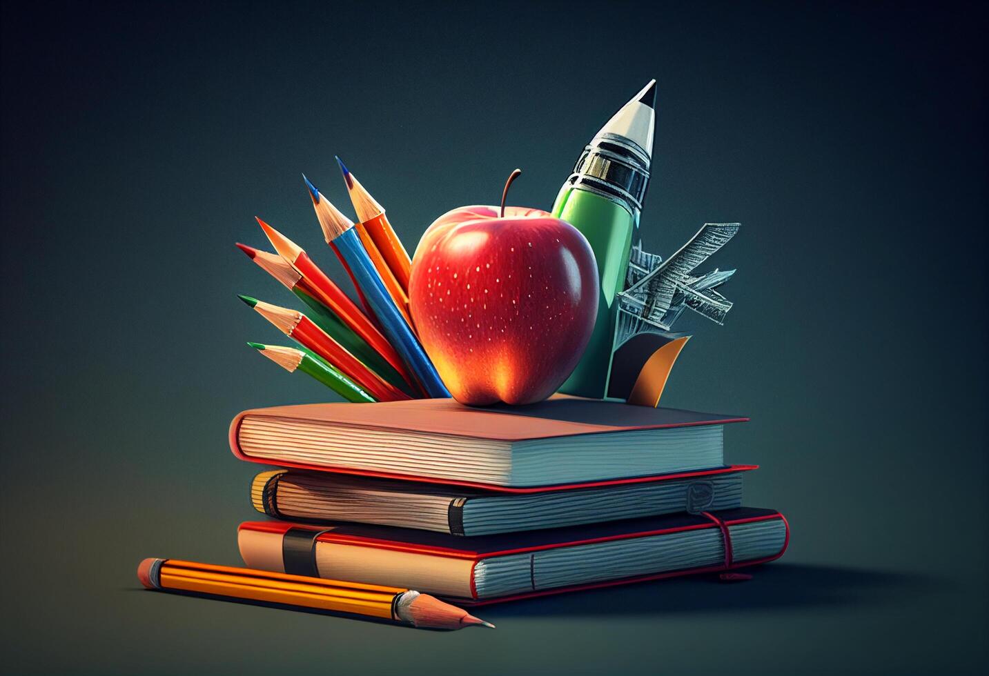 Back to school concept. Stack of books, pencils, apple and rocket. 3d illustration photo