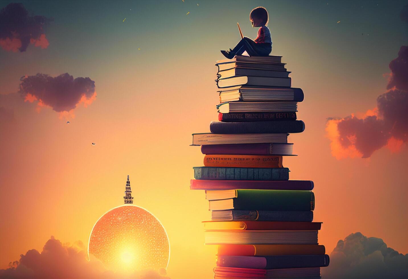 Little boy sitting on top of a pile of books. Education concept photo