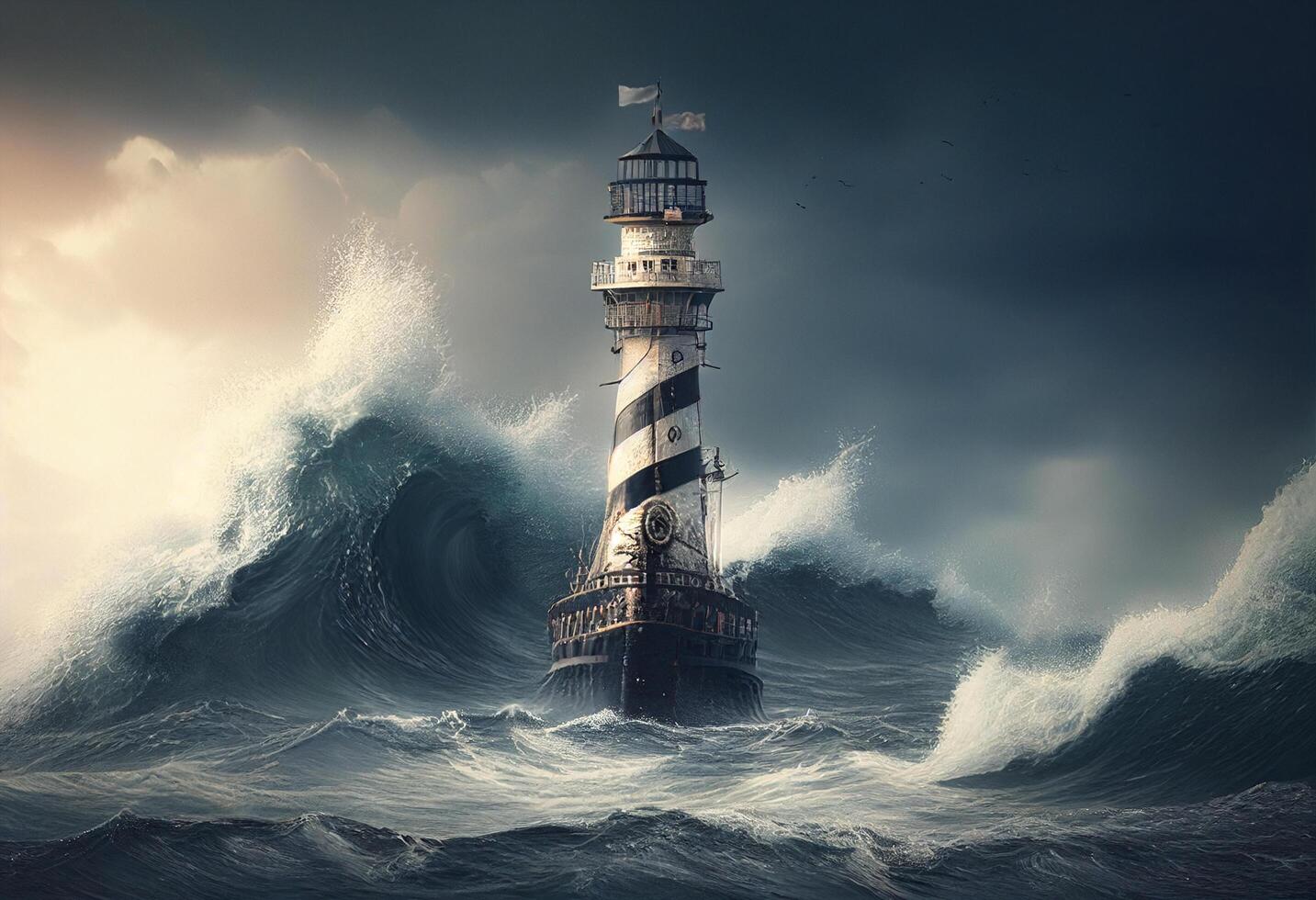 Surreal image of stormy sea with lighthouse. 3D rendering photo