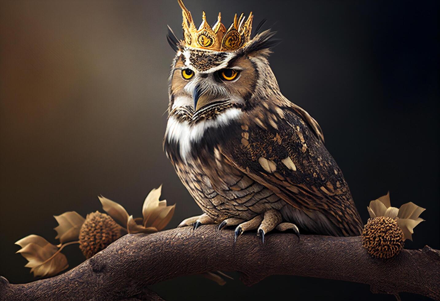 Owl with crown on his head on a tree branch. 3d render photo