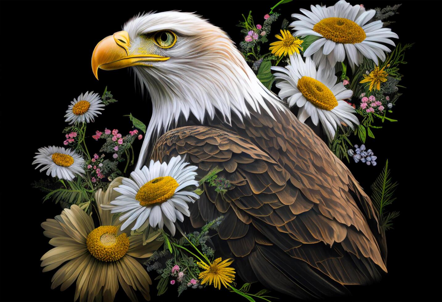 Bald Eagle with daisies on a black background. Digital painting. photo