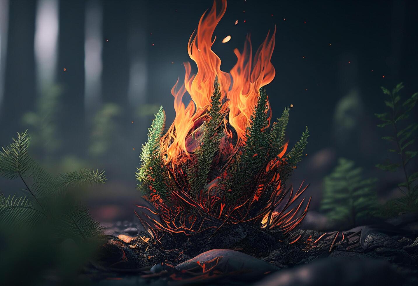 Big bonfire in the dark forest. 3d render illustration. photo