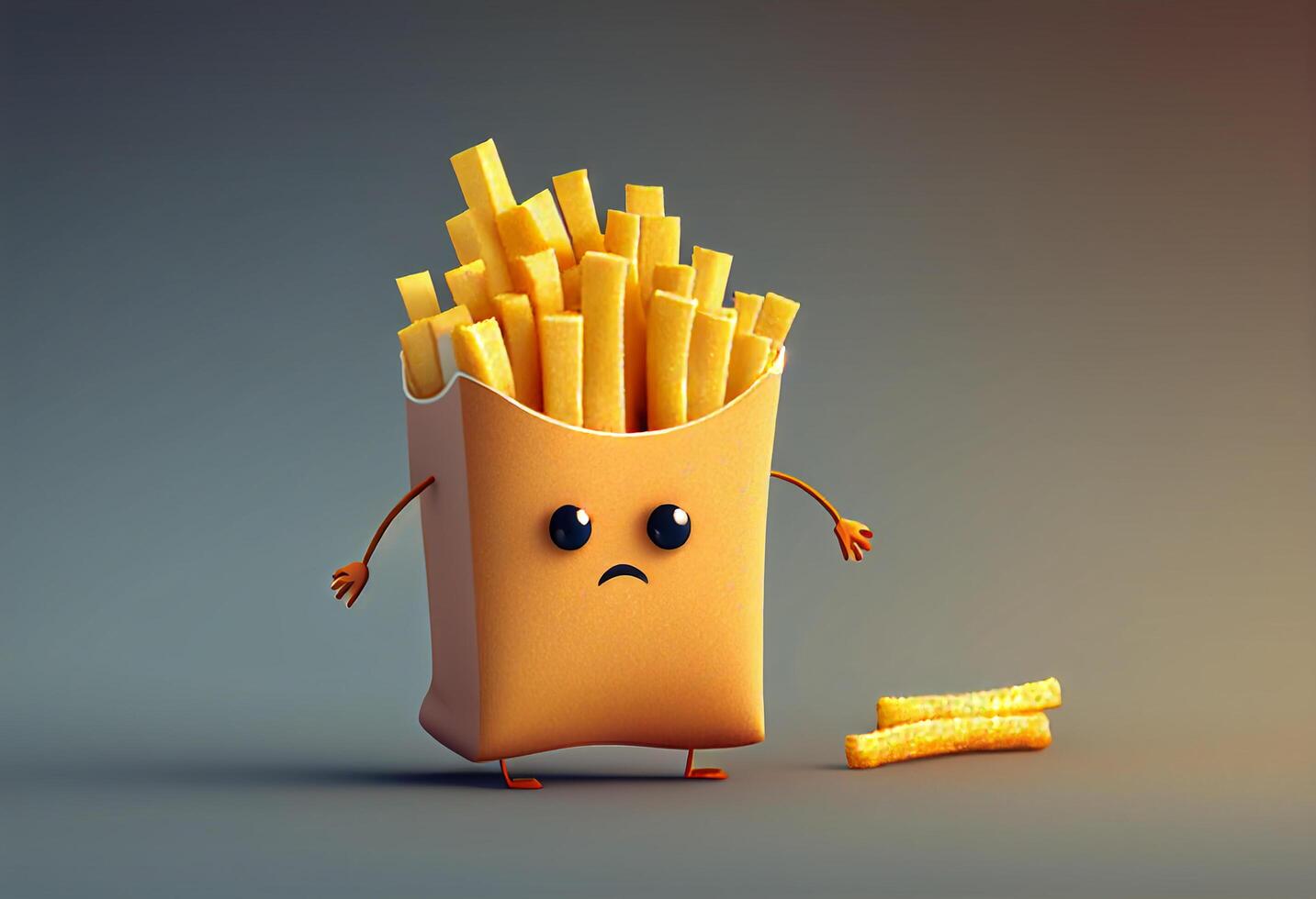 linda rápido comida francés papas fritas personaje con triste rostro. 3d ilustración generativo ai foto