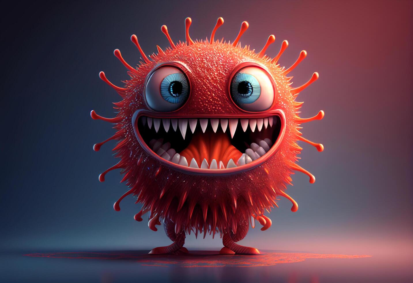 Red cartoon virus character with eyes and mouth. 3d illustration. photo