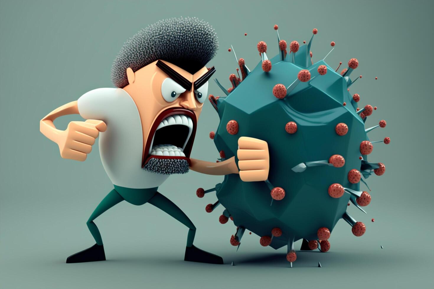 Cartoon boy fighting vs virus bacteria and viruses illustration photo