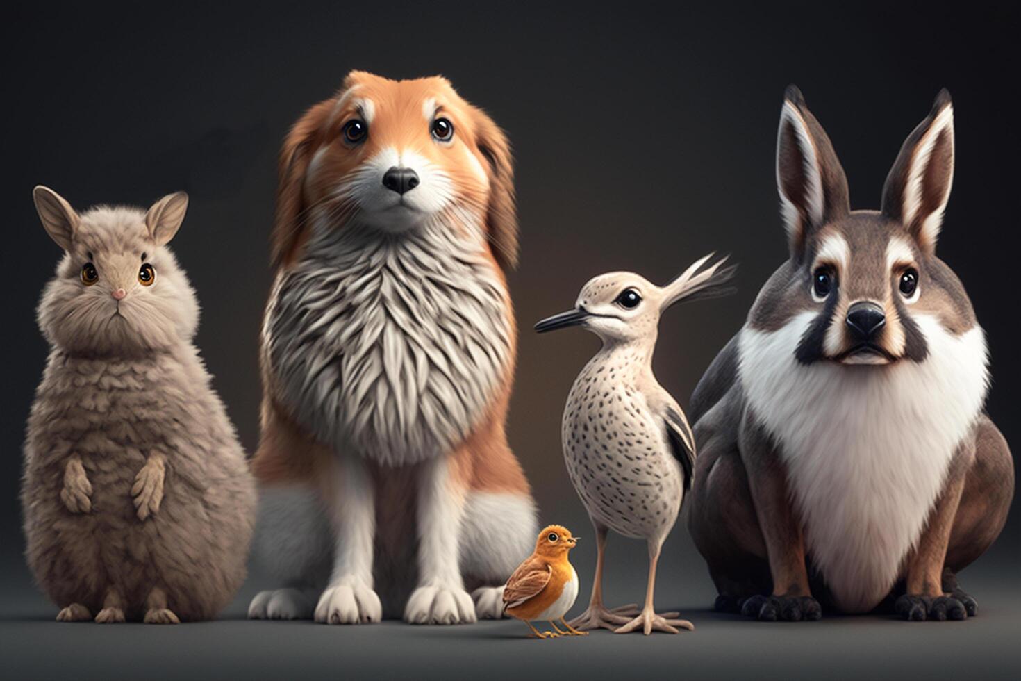 grupo de mascotas en frente de un negro antecedentes. 3d representación generativo ai foto