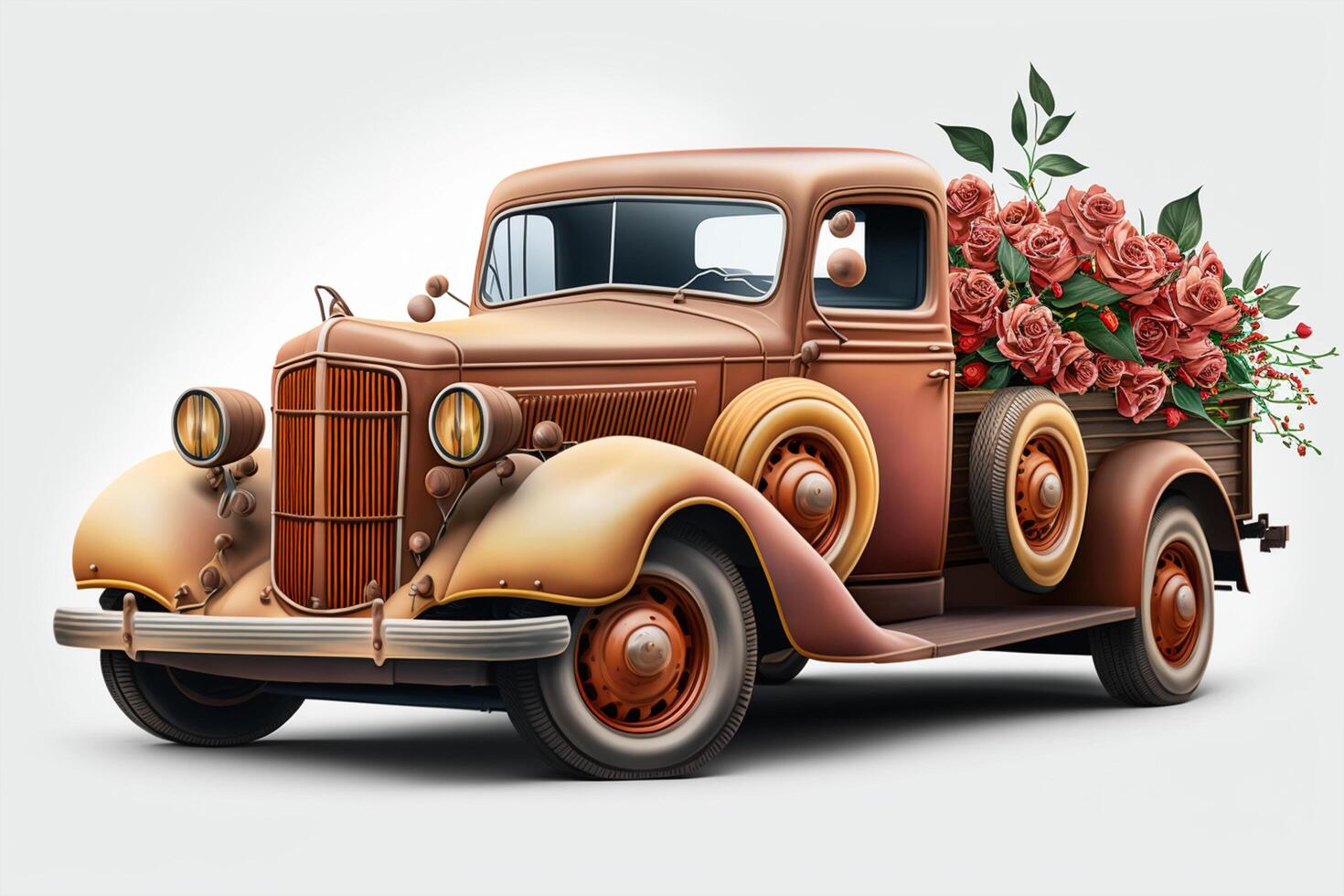 Vintage truck with flowers on isolated background. 3D rendering. photo