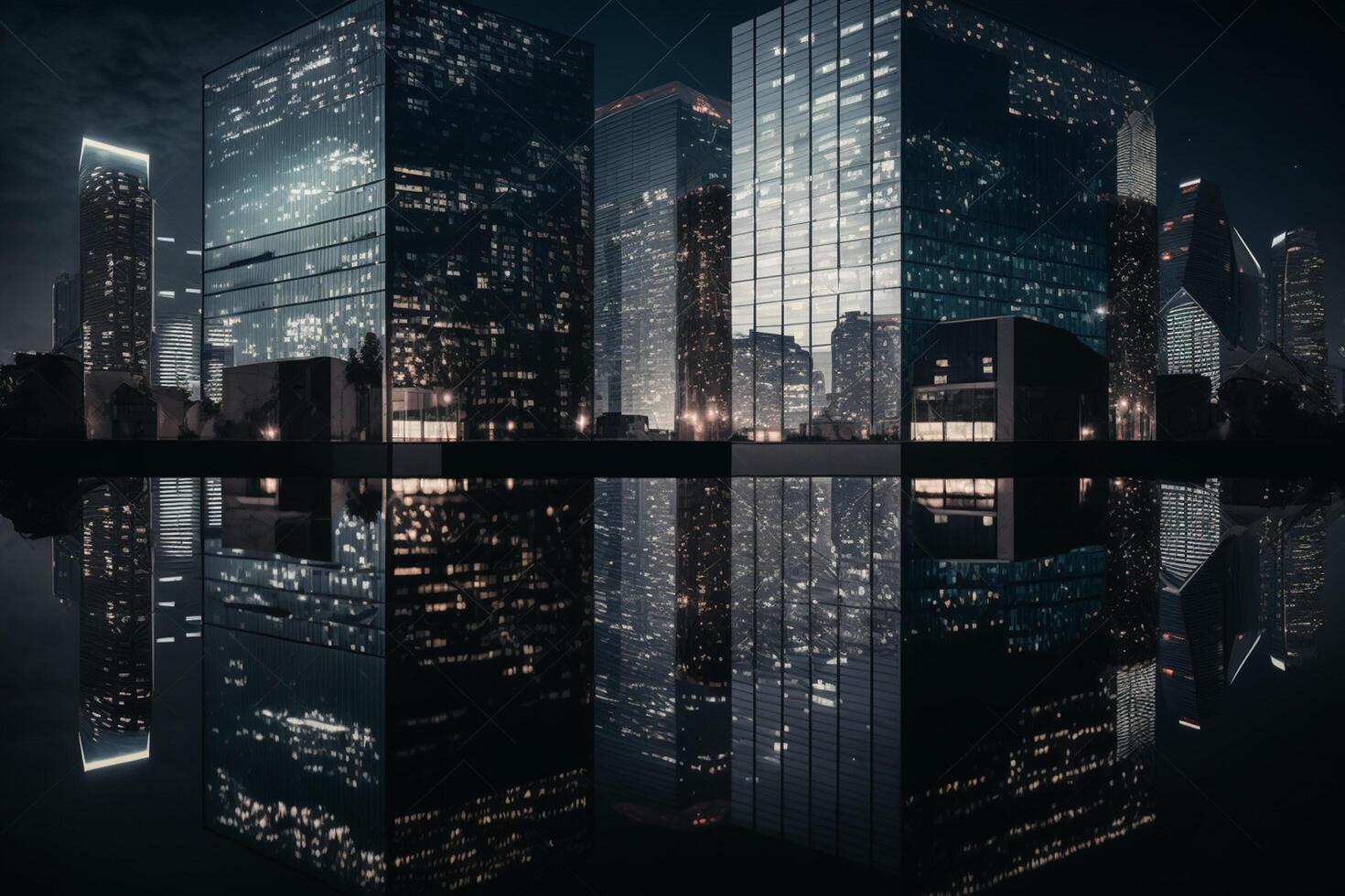 Double exposure of skyscrapers in the city at night with reflection photo
