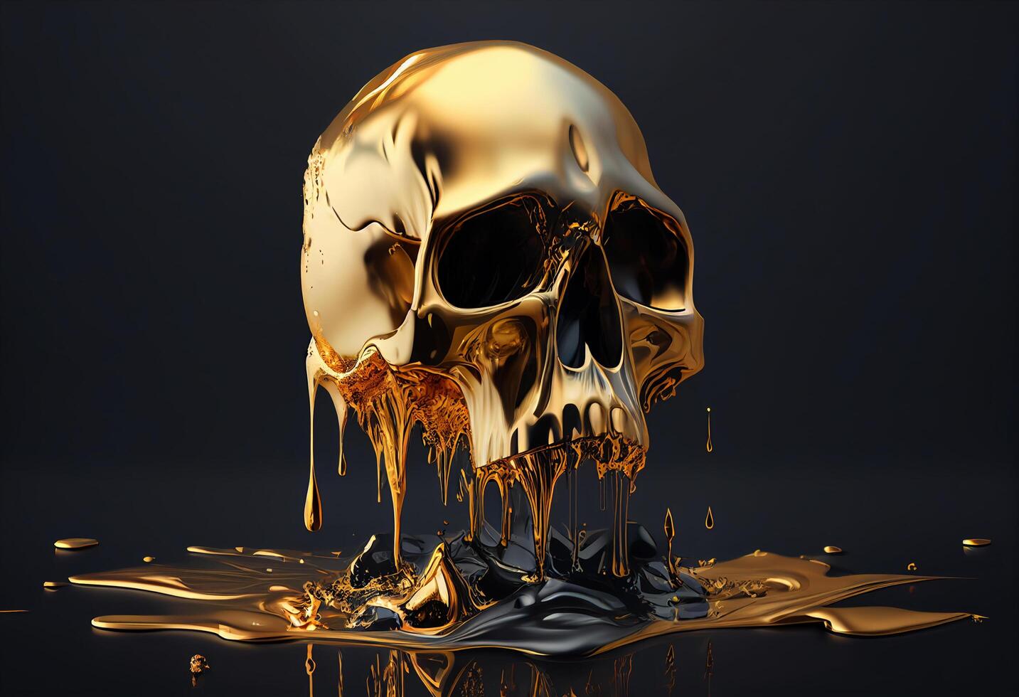 Golden skull with oil splashes on black background. 3d render photo