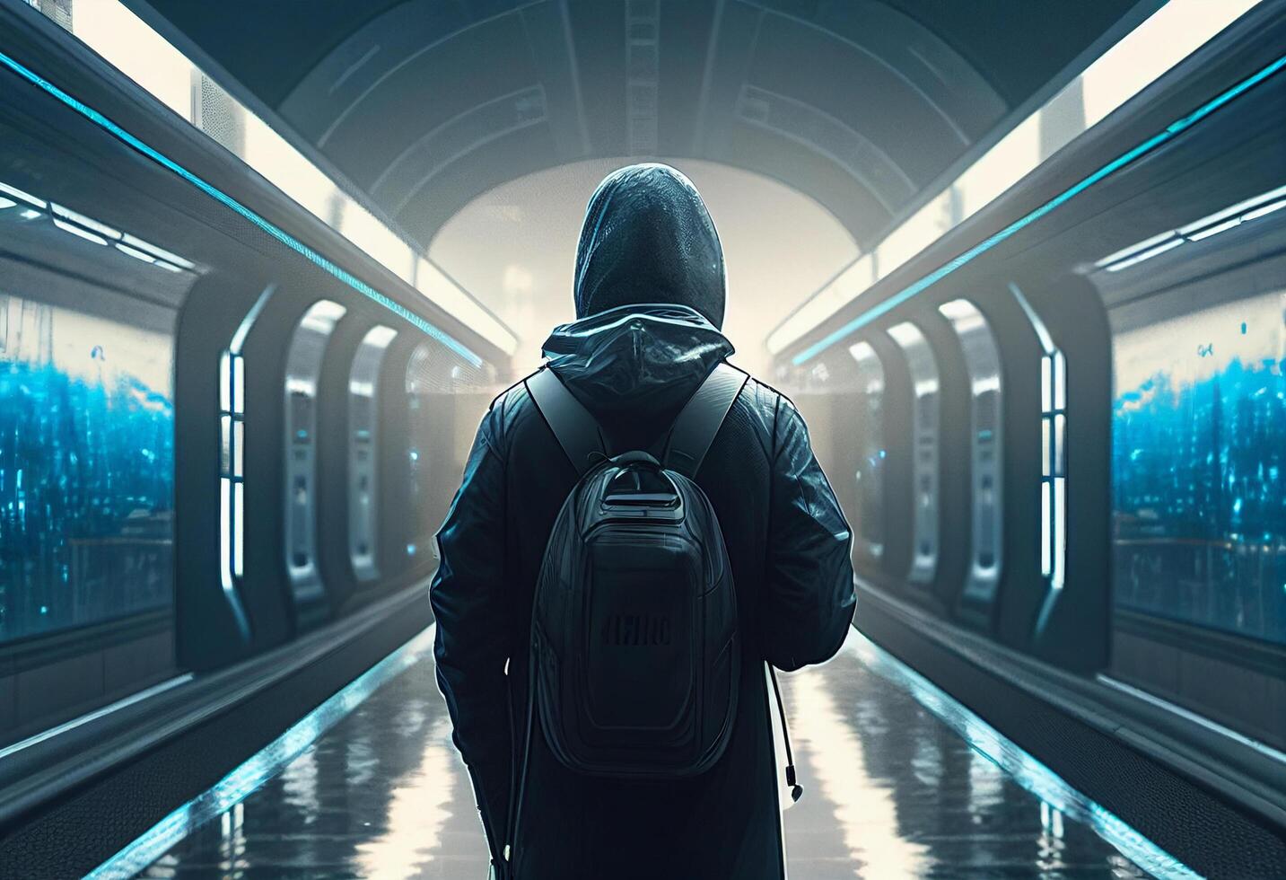 Young woman in a raincoat on the platform of a subway station photo