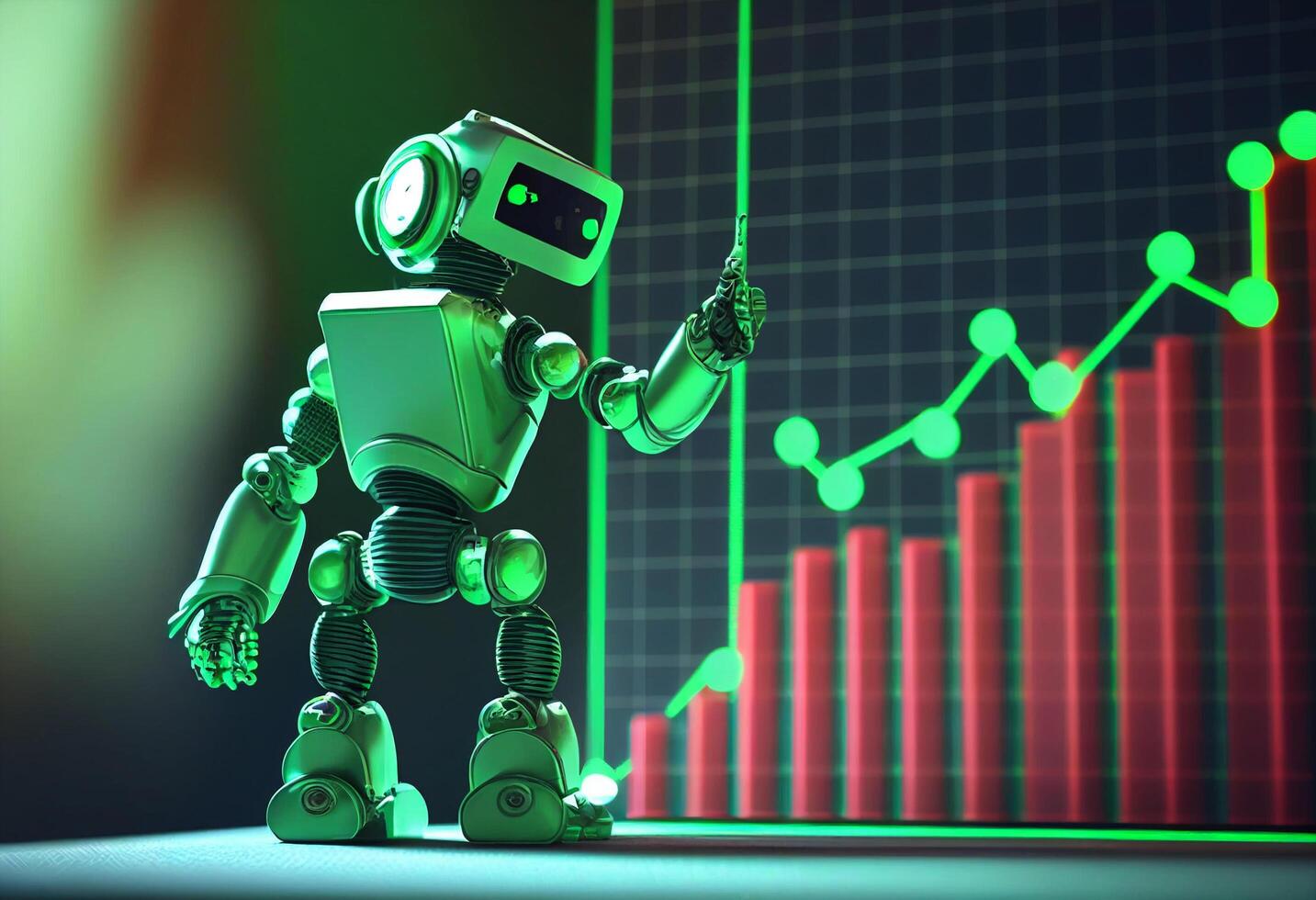 3d render of robot and stock market chart on dark background. photo