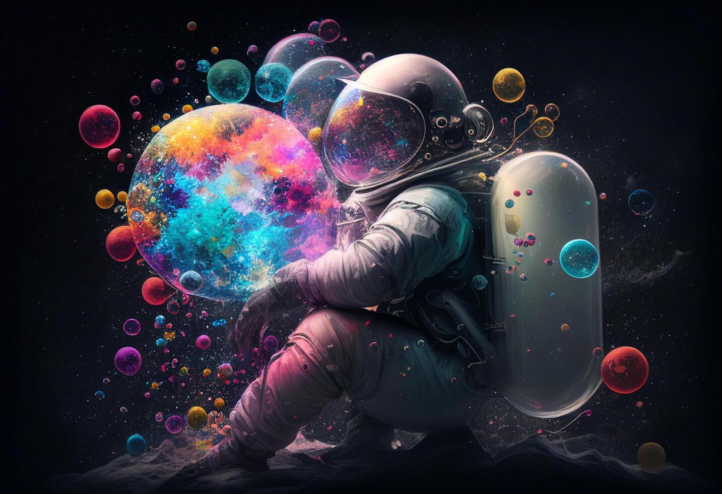 Astronaut in outer space with colorful planet. 3D rendering photo