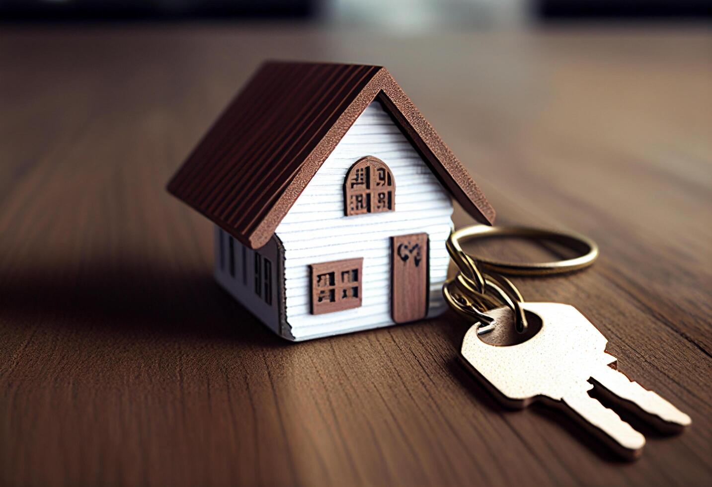 House key with keychain on wooden background. Real estate concept. photo