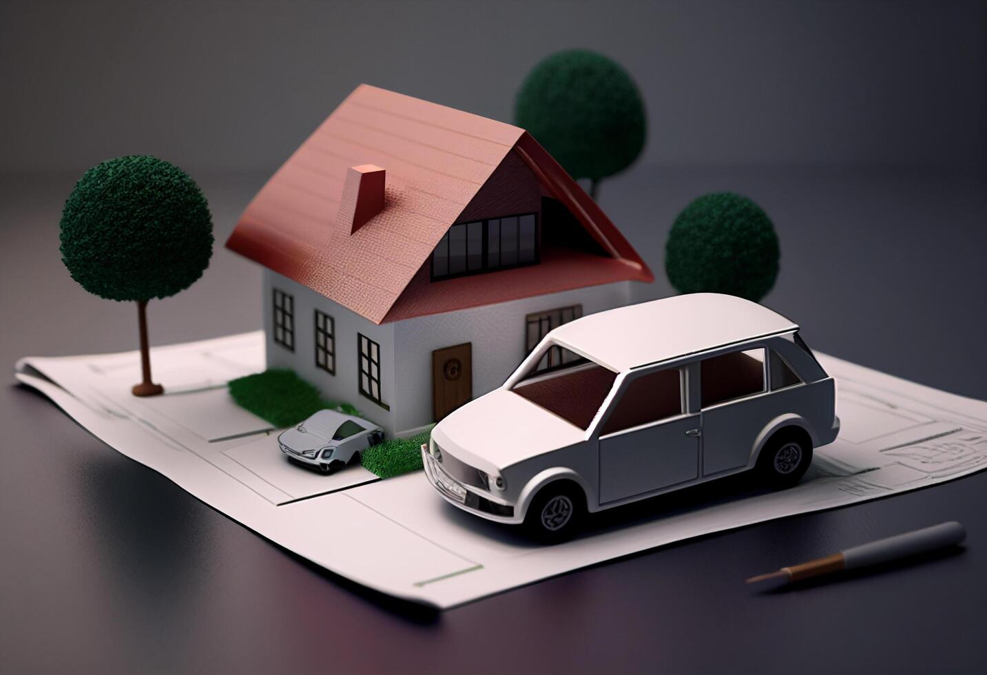 House model and car on the table. Real estate concept. 3D illustration. photo