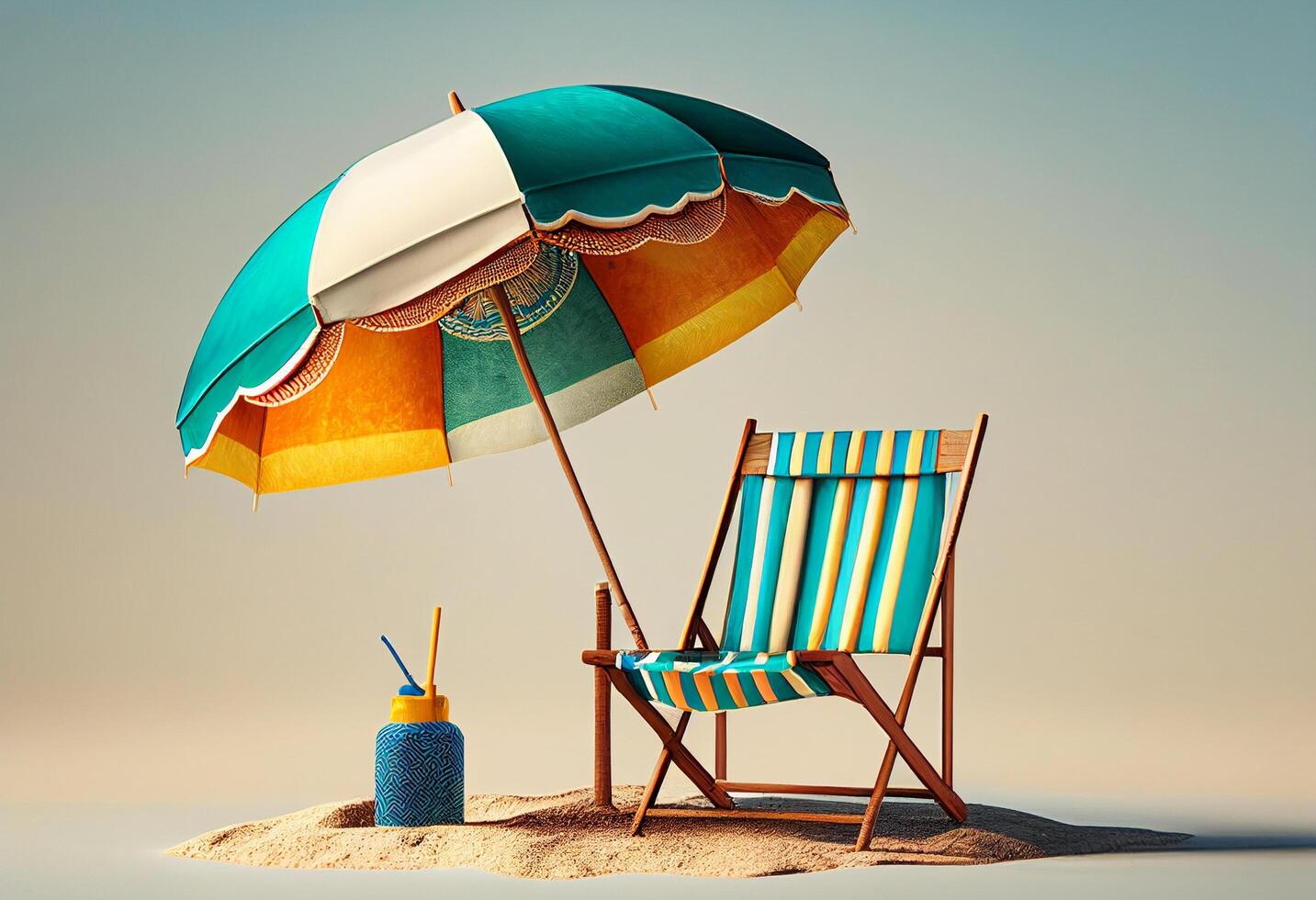 Beach chair and umbrella on the sand against blue sky with clouds photo