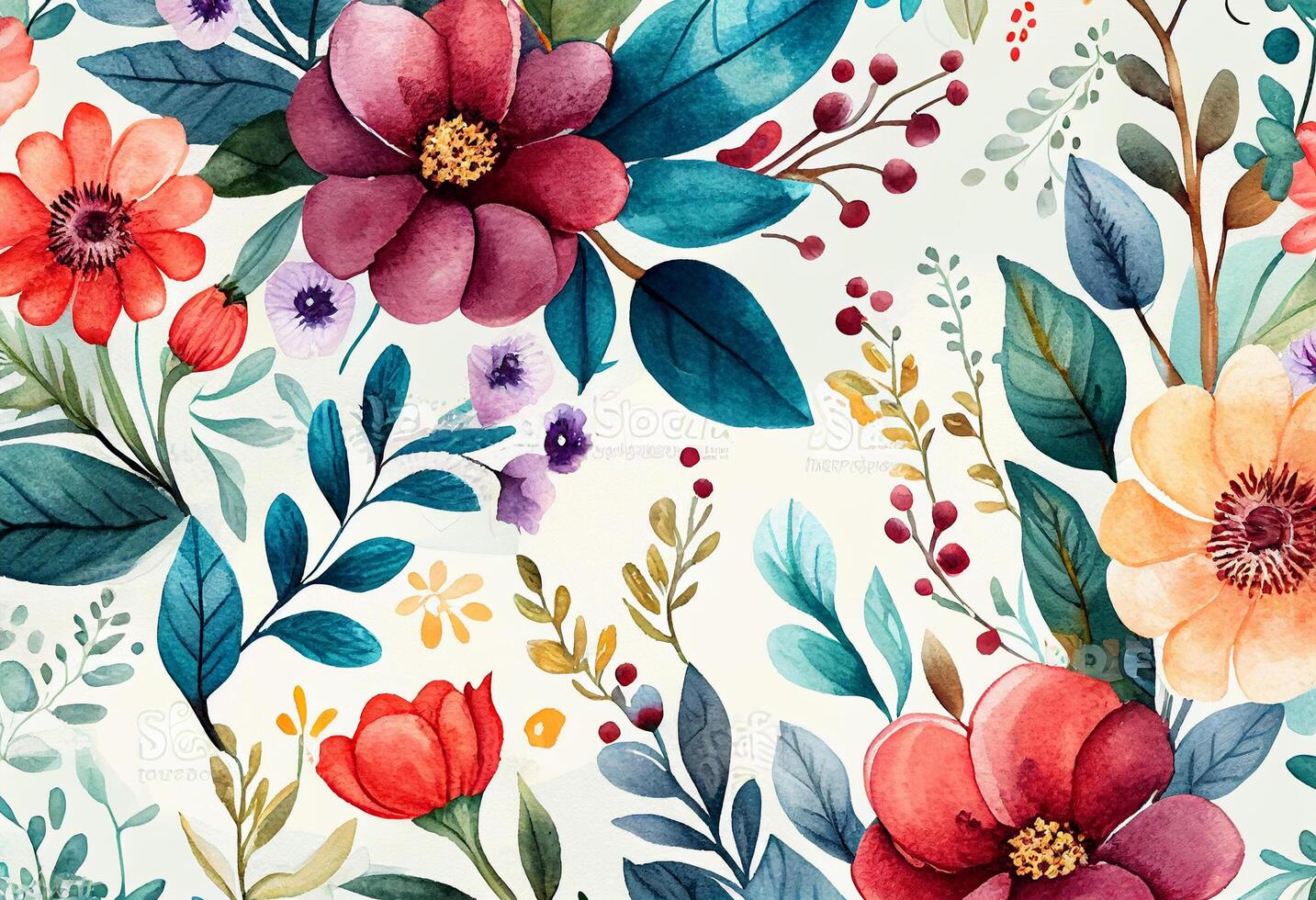 Seamless pattern with watercolor flowers. Hand-drawn illustration. photo