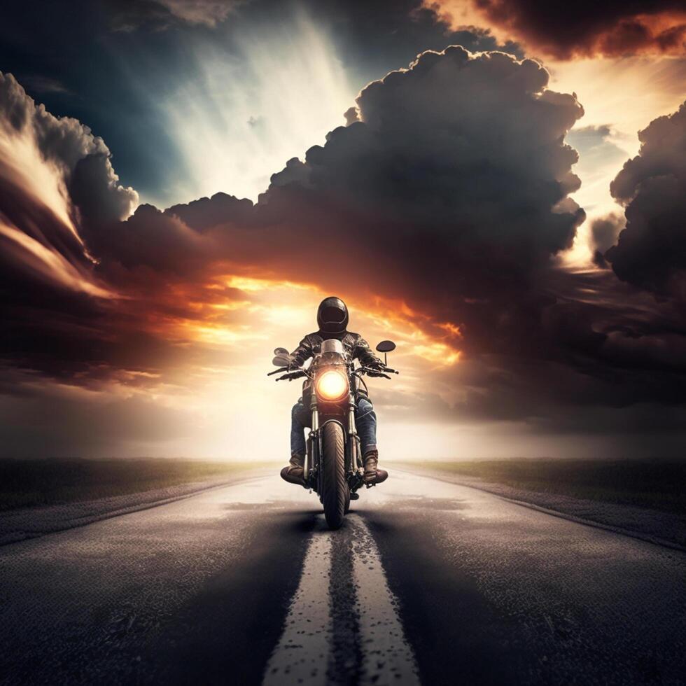 motocicleta jinete en el la carretera en el montañas a puesta de sol tiempo. generativo ai foto