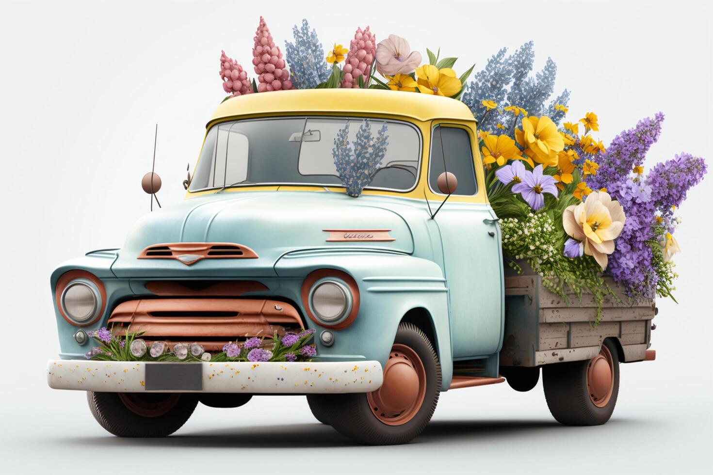 Vintage truck with flowers on isolated background. 3D rendering. photo