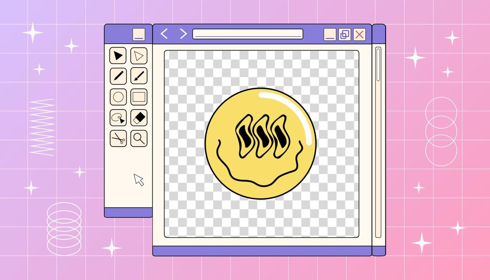 A computer window of retro graphic redactor with smiling face on a gradient background, vector Y2K illustration.