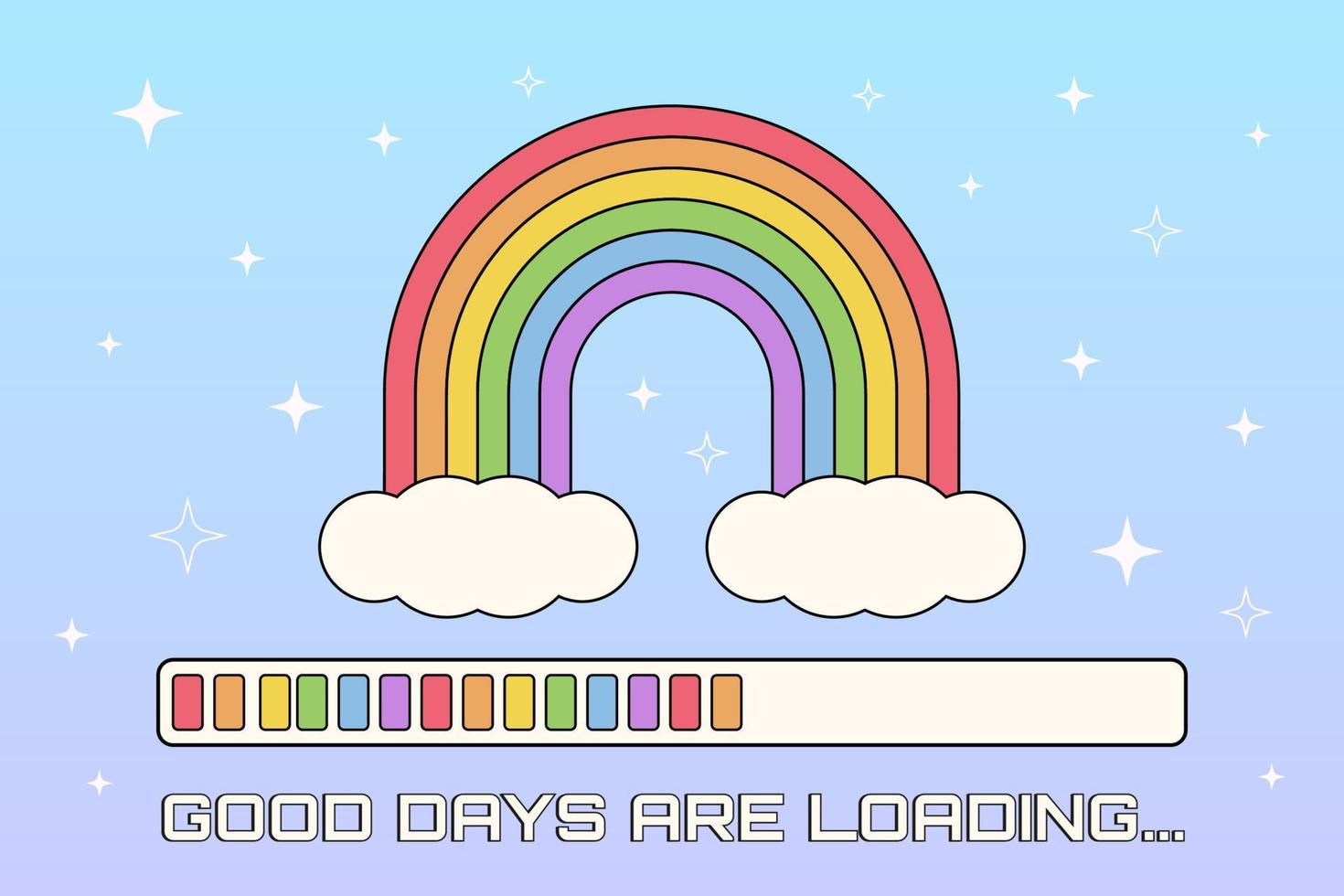 Y2K vector banner with rainbow and loading indicator on the gradient background with stars.